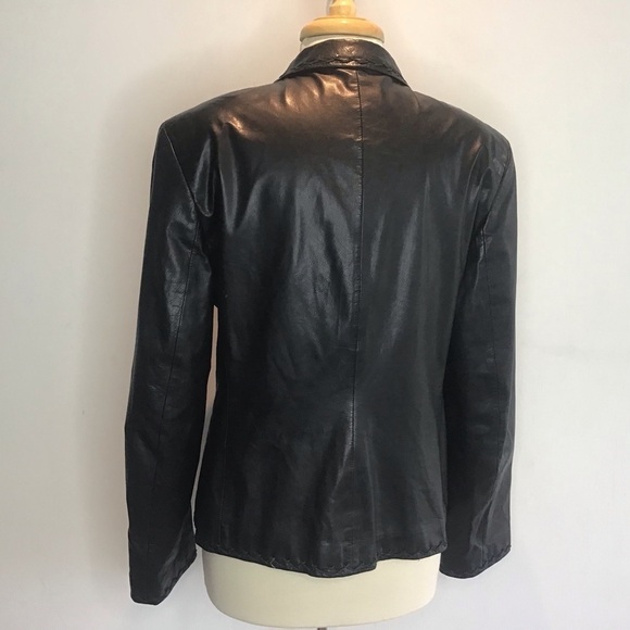 Rene Lezard black leather notched collar/zigzag stitching, 2 button blazer EU 42 - Picture 2 of 12